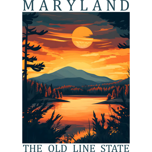 orange sunset, mountain landscape, lake reflection, silhouette trees, autumn colors, wilderness scene, fabric panel, quilting cotton, nature artwork, golden sky, forest silhouettes, water scene, outdoor adventure, warm tones, scenic vista, camping theme, travel poster style, rectangular panel, craft fabric, layered mountains