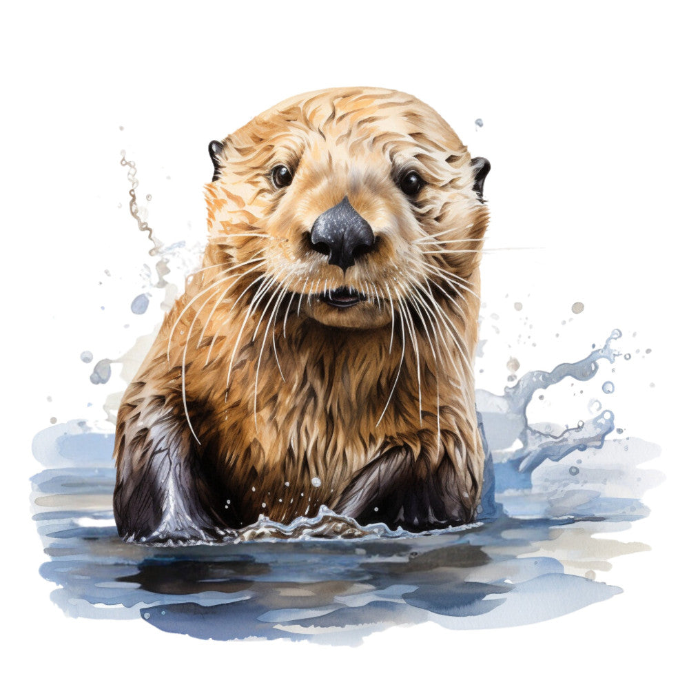 otter, sea otter, wildlife, animal, aquatic, water, nature, realistic, watercolor, splash, brown, tan, cream, white, gray, blue, charcoal, whimsical, playful, adorable, cute, children, kids, nursery, baby, wall art, home decor, modern, contemporary, illustration