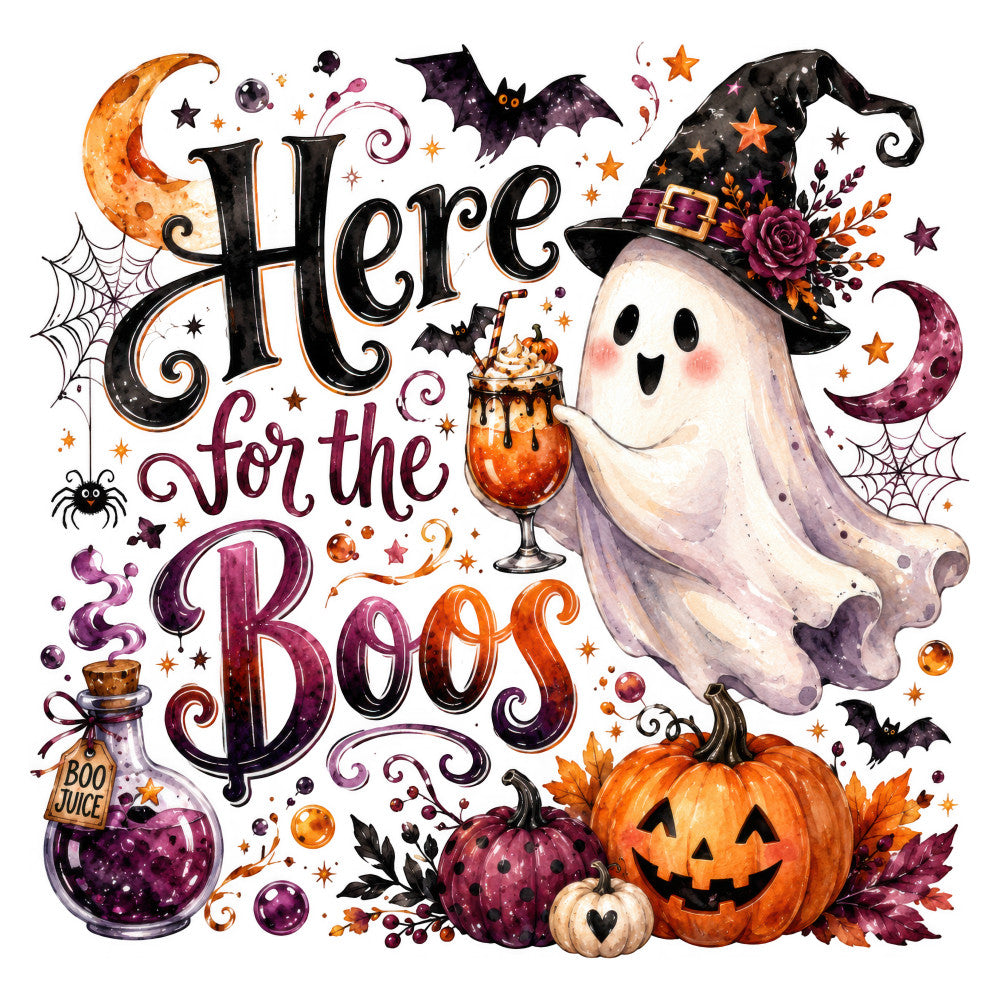 halloween, ghost, boo, pumpkin, autumn, fall, witch hat, stars, moon, celestial, orange, purple, black, cream, whimsical, spooky, magical, potion bottle, bats, spider web, jack-o-lantern, witch theme, holiday, seasonal, festive, enchanted, mystical, burgundy, gold accents, decorative
