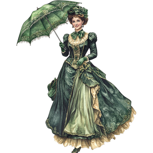 forest green, sage green, cream, ivory, tan, beige, gold accents, vintage, victorian, elegant, sophisticated, classic, traditional, lady, woman, portrait, figure, historical, nostalgic, retro, 1890s, belle époque, steampunk, parasol, umbrella, lace trim, ornate, detailed, romantic, feminine