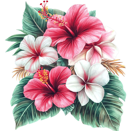 tropical flowers, hibiscus, plumeria, pink blooms, coral petals, white flowers, green leaves, palm fronds, hawaiian motif, botanical design, fabric panel, quilting cotton, tropical paradise, floral arrangement, island theme, watercolor style, exotic blooms, lush foliage, vibrant colors, summer florals