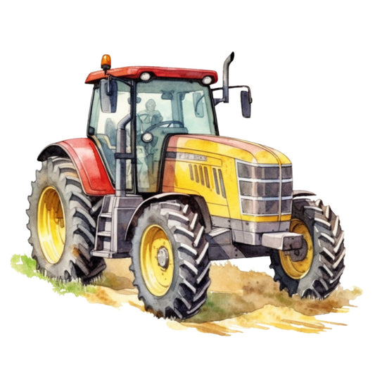 watercolor, tractor, red, yellow, orange, green, brown, farm equipment, agricultural, rural scene, vehicle illustration, painted style, soft colors, muddy ground, large tires, cab windows, farming theme, countryside, fabric panel, quilting cotton