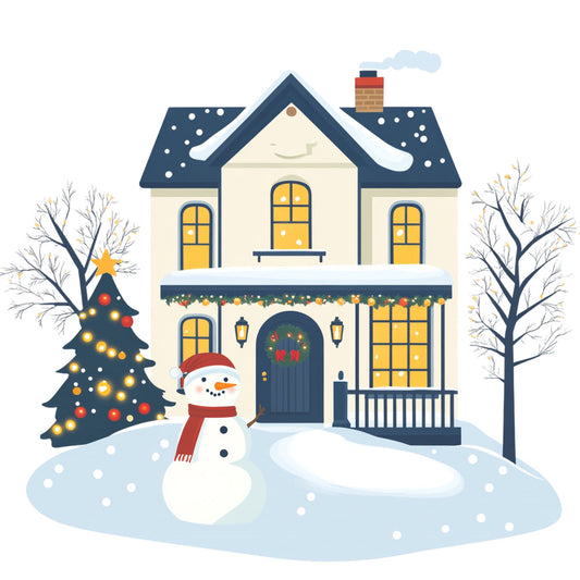 winter holiday, christmas, snow, snowman, festive, house, home, red scarf, christmas tree, ornaments, lights, wreath, door, chimney, navy blue, cream, golden yellow, red, white, whimsical, seasonal, december, festive decor, christmas scene, traditional, cozy, snowy landscape, bare trees, lanterns, porch railing