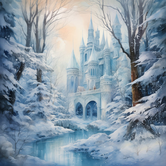 winter, snow, ice blue, pale blue, white, frozen, castle, fantasy, fairy tale, magical, enchanted, architecture, towers, turrets, winter landscape, snowy forest, bare trees, frozen stream, whimsical, elegant, storybook, palace, dreamy, ethereal, winter wonderland, crystalline, frosty, holiday, fantasy adventure