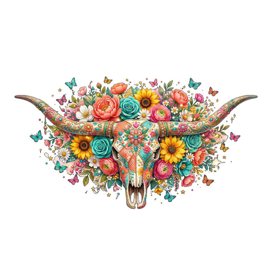 floral, botanical, colorful, coral pink, turquoise, yellow, teal, orange, roses, sunflowers, ranunculus, daisies, butterflies, skull, boho, bohemian, whimsical, nature, wildflower, spring, summer, vibrant, artistic, decorative, wall hanging, home decor, western, folk art, ornamental