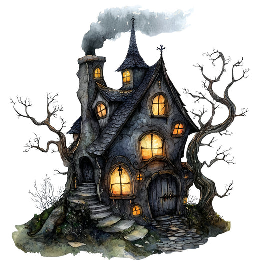 haunted house, gothic, spooky, halloween, dark gray, charcoal, black, golden yellow, amber glow, windows, chimney, smoking chimney, bare trees, dead trees, gnarled branches, whimsical, eerie, mysterious, dark fantasy, autumn, fall, horror, creepy, witches house, storybook, illustration, detailed, darkly whimsical, cottage core, macabre