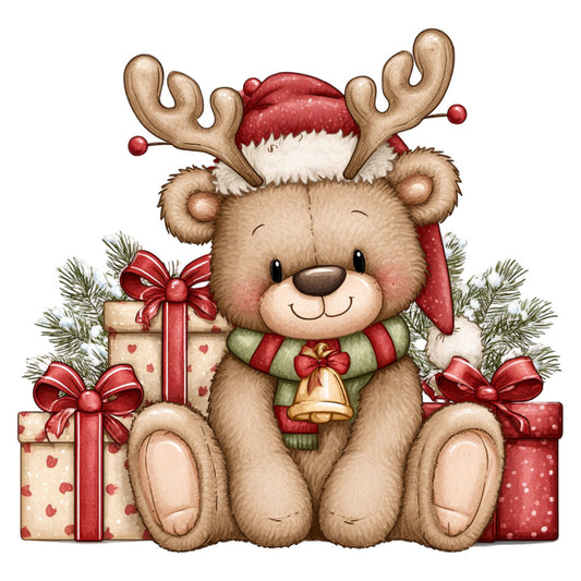 teddy bear, reindeer, christmas, holiday, red and green, cream, tan, beige, festive, whimsical, cute, santa hat, evergreen, pine branches, gift boxes, red ribbon, bells, striped scarf, plaid, winter, seasonal, children's, baby, nursery, decorative panel, vintage style, folk art, cheerful, heartwarming