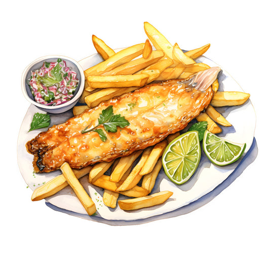 fish and chips, food illustration, seafood, fried fish, golden yellow, crispy food, culinary art, food theme, restaurant decor, kitchen, coastal, nautical food, lime green, sea salt, comfort food, british cuisine, appetizer, dinner plate, food art, whimsical food, detailed illustration, gourmet, coleslaw, garnish, fresh herbs, parsley, contemporary food art, summer dining, casual dining, foodie