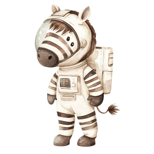 astronaut zebra, space explorer, tan, cream, brown, taupe, beige, striped, whimsical, children's, kids, animals, wildlife, adventure, nursery, baby, playful, cute, character, space theme, cosmic, explorer, safari, humorous, gender neutral, toddler bedding, wall art, decorative panel, illustration style, watercolor