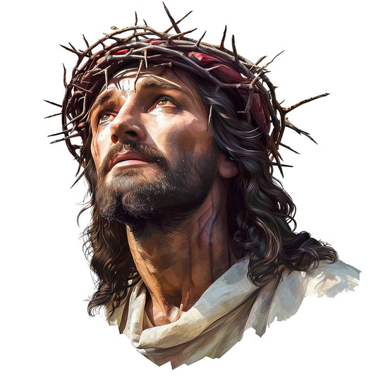 religious, jesus christ, spiritual, crown of thorns, christian faith, portrait, figurative, reverent, traditional, classical, renaissance, sacred art, beige, cream, brown, tan, dark brown, burgundy, wine red, flesh tones, historical, devotional, inspirational, wall hanging, easter, passion of christ