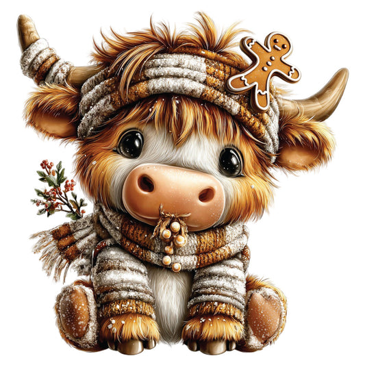 christmas, highland cow, brown, cream, white, golden, knitted sweater, winter clothing, gingerbread cookie, holly berries, cute animal, fluffy fur, horns, festive, holiday themed, fabric panel, quilting cotton, whimsical illustration, cozy winter, seasonal motif