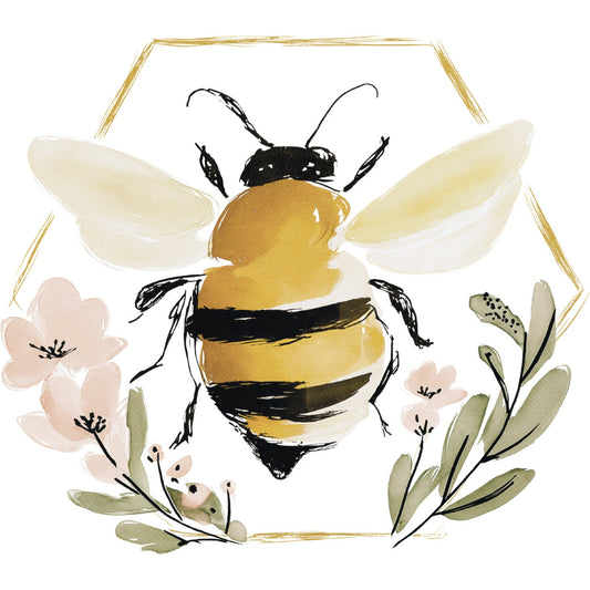 bee, honey bee, bumblebee, gold, black, cream, pale pink, sage green, olive green, floral, botanical, nature, insects, garden, spring, summer, whimsical, watercolor, hand-painted, delicate flowers, wildflowers, leaves, branches, elegant, cottage core, farmhouse, natural, organic, decorative panel, wall art