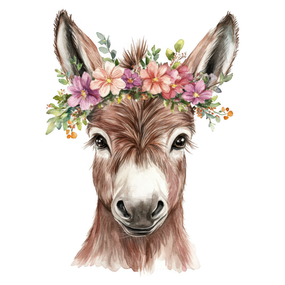 donkey, floral, animals, whimsical, farmhouse, botanical, flowers, pink, purple, cream, brown, tan, taupe, dusty rose, mauve, spring, summer, boho, bohemian, rustic, gentle, sweet, nursery, baby, children's, nature, wildflowers, daisy, delicate, woodland creatures