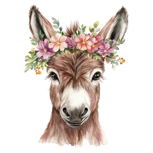 donkey, floral, animals, whimsical, farmhouse, botanical, flowers, pink, purple, cream, brown, tan, taupe, dusty rose, mauve, spring, summer, boho, bohemian, rustic, gentle, sweet, nursery, baby, children's, nature, wildflowers, daisy, delicate, woodland creatures