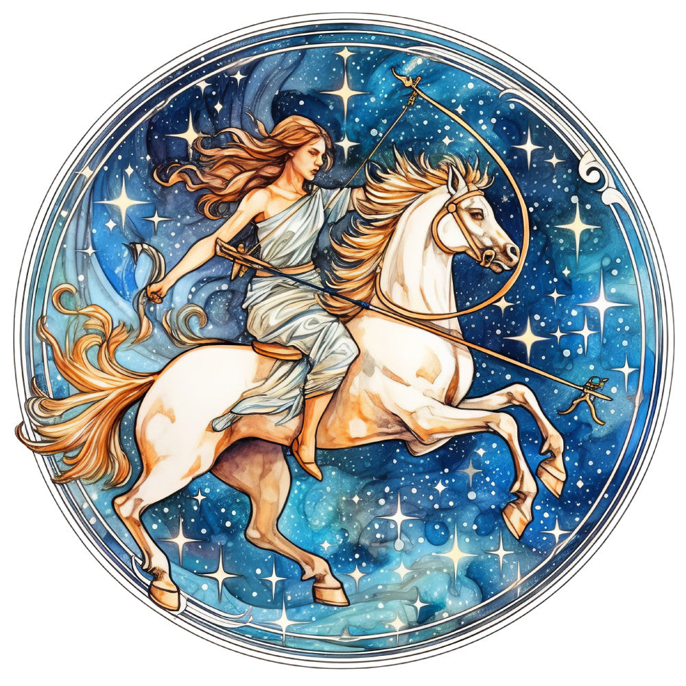 celestial, starry night, zodiac, astrology, constellation, mythological, goddess, woman rider, horse, fantasy, magical, whimsical, elegant, navy blue, deep blue, turquoise, gold accents, cream, white, flowing fabric, classical, romantic, night sky, stars, cosmic, ethereal, wall hanging, decorative panel, adventure theme