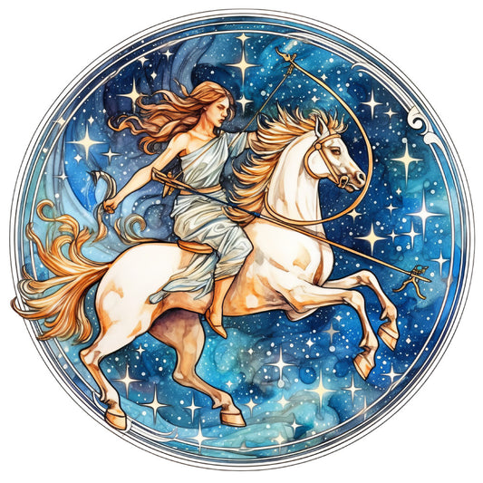 celestial, starry night, zodiac, astrology, constellation, mythological, goddess, woman rider, horse, fantasy, magical, whimsical, elegant, navy blue, deep blue, turquoise, gold accents, cream, white, flowing fabric, classical, romantic, night sky, stars, cosmic, ethereal, wall hanging, decorative panel, adventure theme