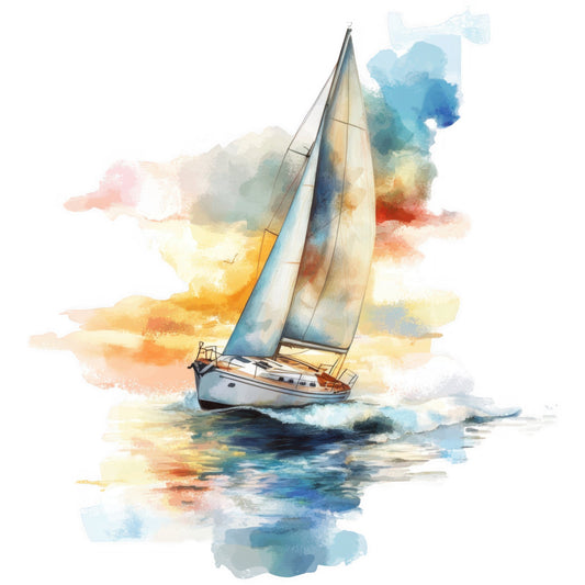 sailboat, watercolor, nautical, ocean, coastal, sailing, boat, blue, yellow, orange, coral, turquoise, golden yellow, abstract, impressionist, artistic, watercolor wash, maritime, summer, adventure, travel, elegant, modern, peaceful, serene, water, waves, sky, sunset, whimsical