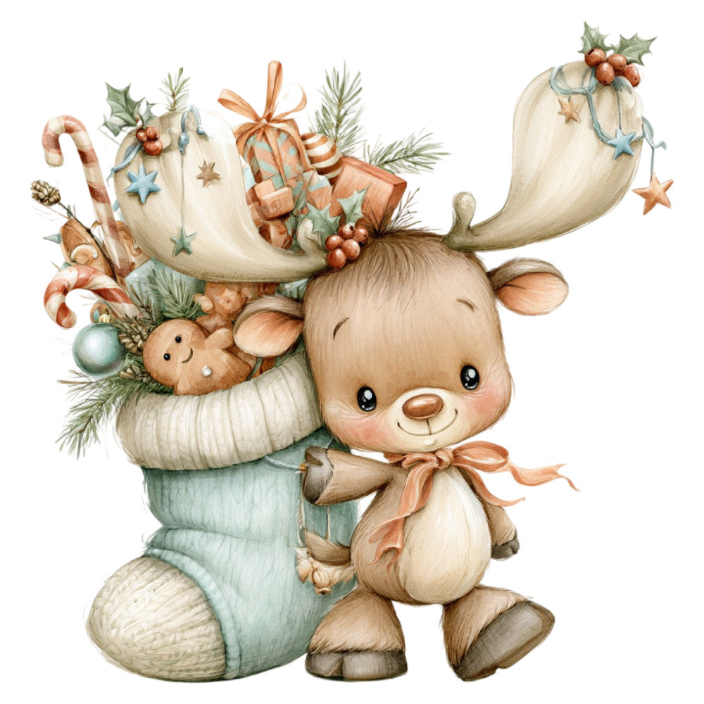 cute reindeer, holiday, christmas, winter, baby animals, whimsical, soft colors, cream, sage green, rust orange, copper, teddy bear, candy cane, holly berries, evergreen, stars, ornaments, festive, nursery, baby quilt, gentle, pastel, vintage style, farmhouse, sweet, decorative, children's, seasonal, stocking stuffer theme