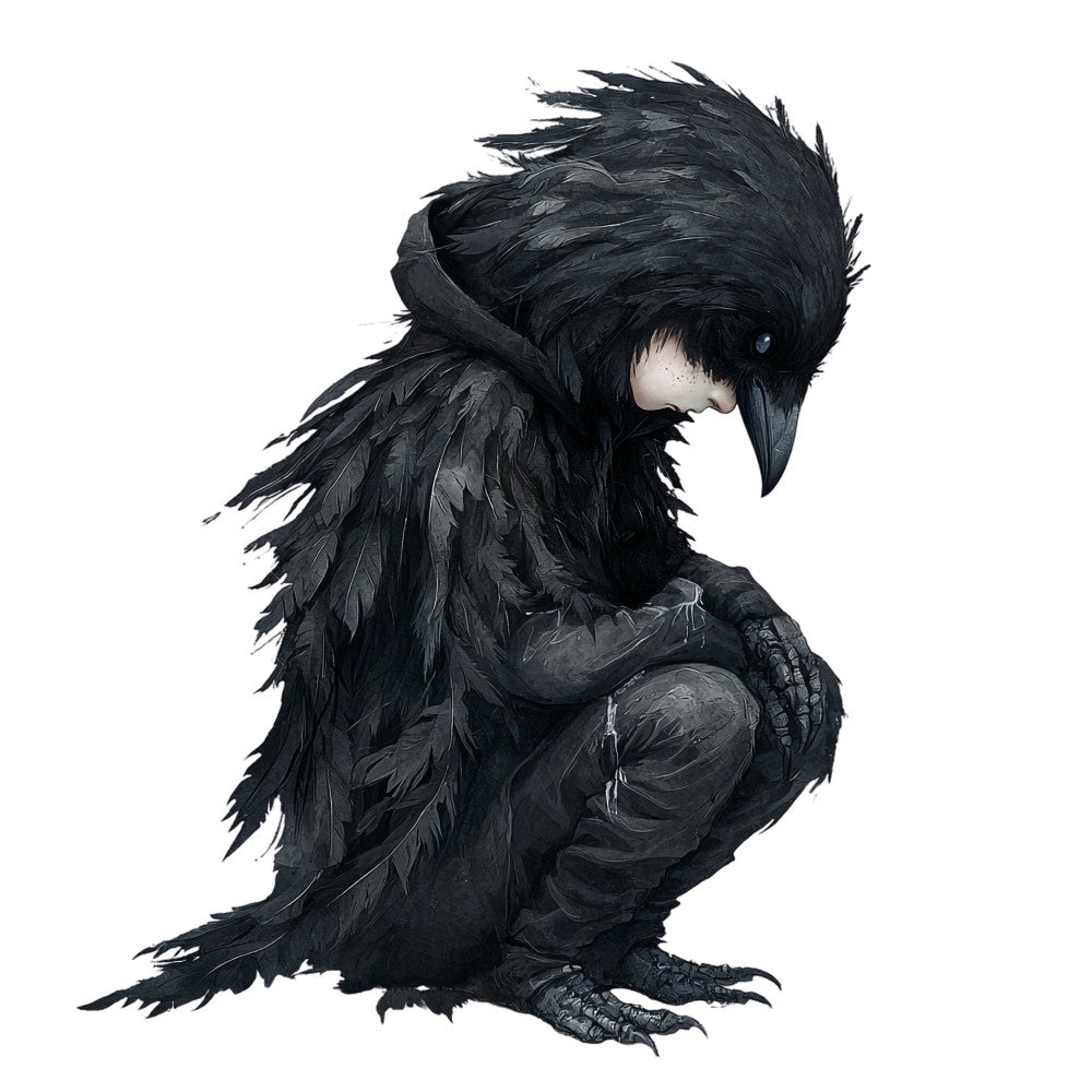 black, charcoal, dark gray, crow, raven, bird, fantasy, whimsical, dark fantasy, gothic, elegant, mysterious, moody, nature, wildlife, magical, storybook, illustration art, character design, intricate detail, feathered, wings, anthropomorphic, dark aesthetic, spooky, enchanted, creature, dark whimsical, modern fantasy