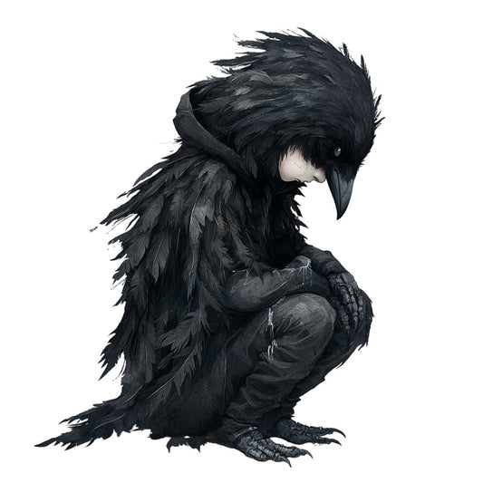 black, charcoal, dark gray, crow, raven, bird, fantasy, whimsical, dark fantasy, gothic, elegant, mysterious, moody, nature, wildlife, magical, storybook, illustration art, character design, intricate detail, feathered, wings, anthropomorphic, dark aesthetic, spooky, enchanted, creature, dark whimsical, modern fantasy