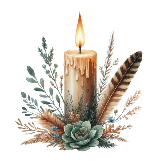 cream candle, burnt orange, sage green, taupe, warm neutrals, botanical, nature, floral, feathers, dried flowers, grasses, succulents, rustic, farmhouse, boho, bohemian, elegant, vintage, autumn, fall, harvest, cozy, cottage style, decorative candle, spiritual, meditation, earth tones, natural elements, warm aesthetic