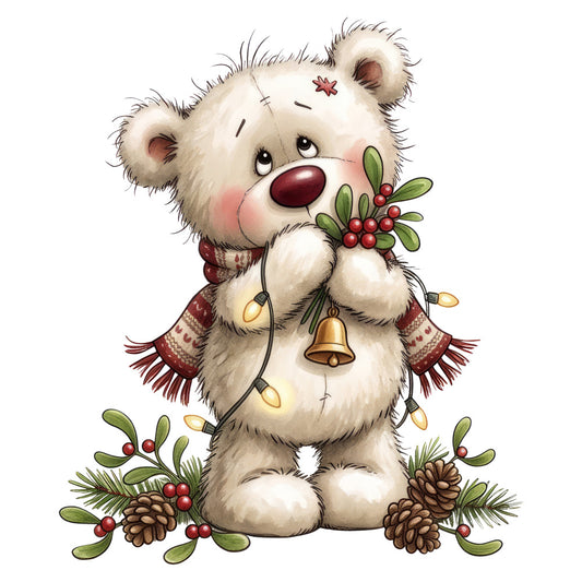 white bear, cream colored, burgundy red, forest green, gold accents, holiday, christmas, festive, whimsical, cute animals, teddy bear, mistletoe, holly berries, pine cones, evergreen, bells, winter, seasonal, children's design, nursery, baby themed, traditional christmas, vintage style, folk art, charming, decorative, sweet, adorable, country style