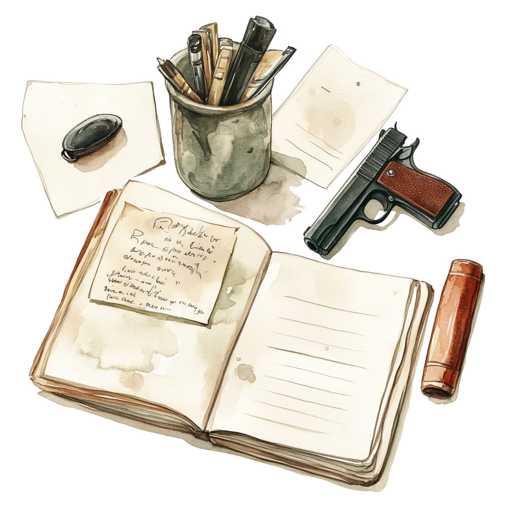 watercolor illustration, detective theme, vintage pistol, leather journal, fountain pen, pencil holder, evidence papers, crime scene, muted earth tones, beige background, brown accents, olive green, mystery novel style, investigative elements, fabric panel, quilting cotton, noir aesthetic, handwritten notes, office supplies, vintage styling