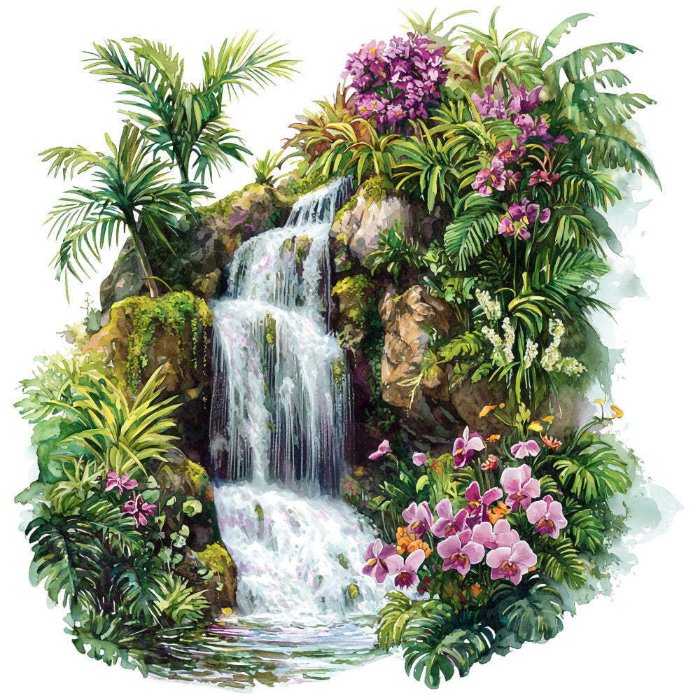 hawaiian paradise, tropical waterfall, purple orchids, pink flowers, lush greenery, palm fronds, tropical foliage, cascading water, rocky landscape, vibrant greens, magenta blooms, exotic plants, jungle scene, watercolor style, fabric panel, quilting cotton, nature motif, tropical theme, botanical design, paradise scene