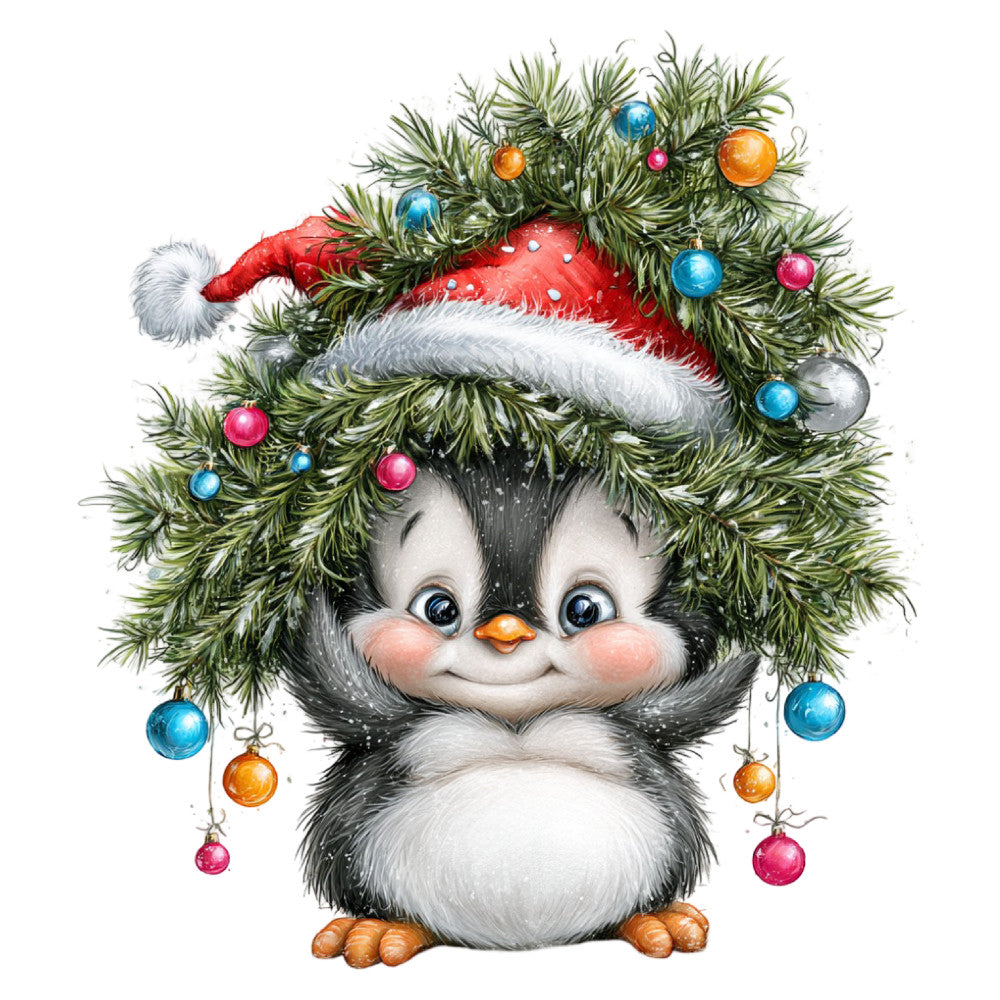 cute penguin, christmas, holiday, winter, festive, red santa hat, evergreen branches, pine needles, ornaments, blue ornaments, pink ornaments, orange ornaments, forest green, white fur, whimsical, cheerful, joy, baby quilt, children's, nursery, wall hanging, playful, decorative, embellished, metallic ornaments, seasonal, yuletide, jolly