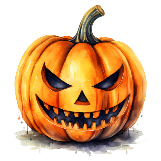 halloween, jack-o'-lantern, pumpkin, orange, black, autumn, fall, spooky, scary, festive, holiday, carved pumpkin, evil grin, menacing smile, whimsical, playful, seasonal decor, harvest, october, trick-or-treat, ghoulish, sinister expression, detailed face, dimensional shading, golden orange, charcoal black, wall hanging, home decor, novelty print