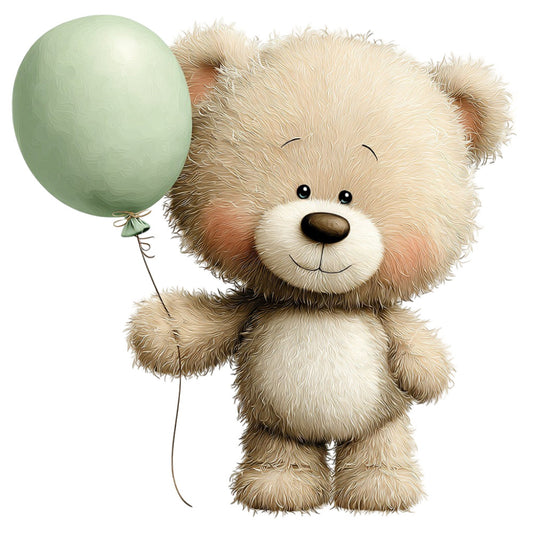 cream, beige, tan, soft green, mint green, teddy bear, cute animals, children's, baby, whimsical, playful, adorable, balloon, nursery, sweet, gentle, soft pastels, illustration, character, storybook, baby quilt, nursery decor, kid's fabric, gender neutral, soft and cuddly, charming, heartwarming, innocent, young child, cheerful