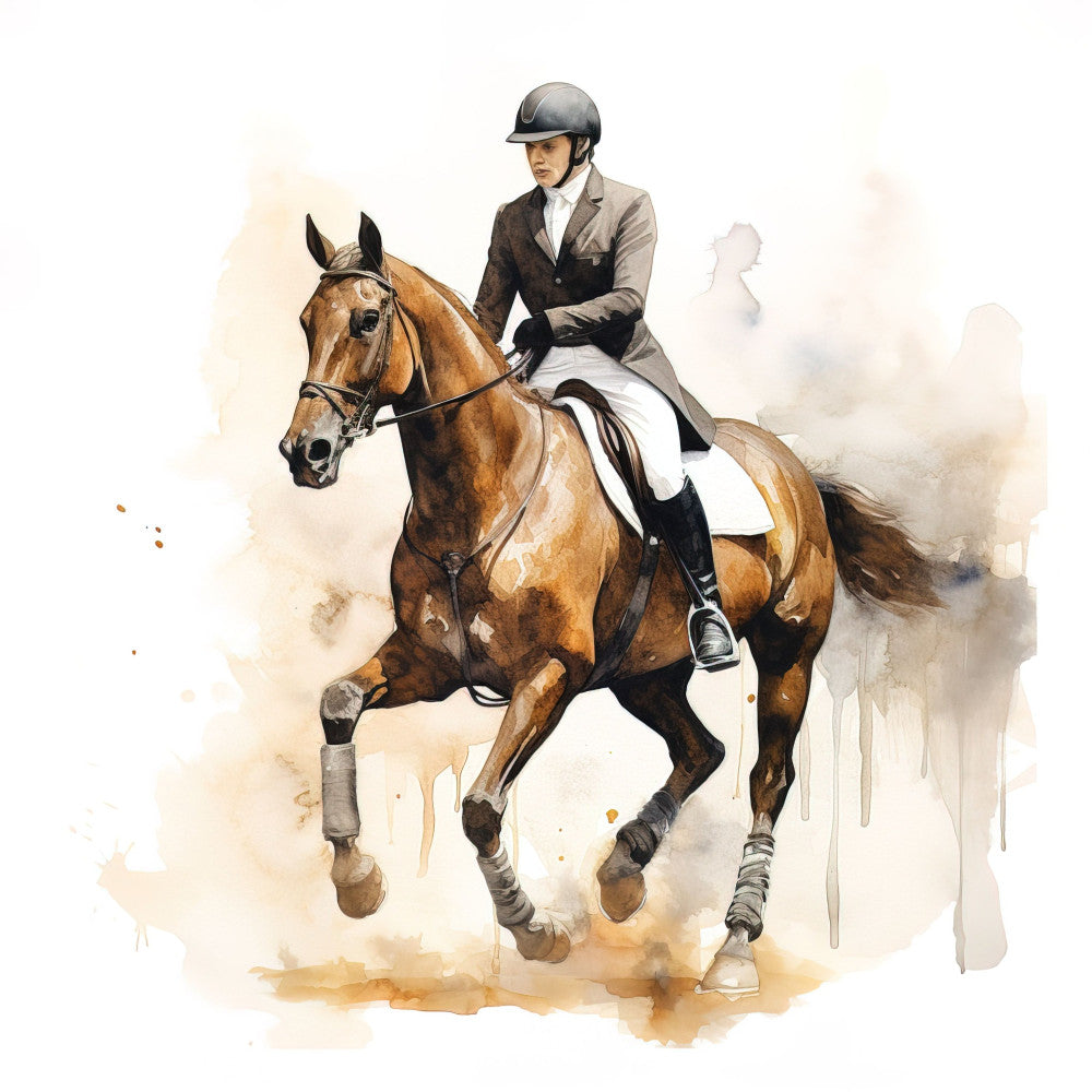 equestrian, horse riding, sport horses, english riding, dressage, horse sport, brown horse, chestnut horse, rider, jockey, equine, tan, brown, cream, beige, taupe, gray, watercolor, watercolor art, vintage, elegant, classic, traditional, refined, sophisticated, competition, athletic, detailed illustration, realistic horse, animal portrait