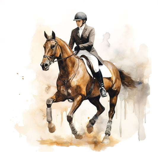 equestrian, horse riding, sport horses, english riding, dressage, horse sport, brown horse, chestnut horse, rider, jockey, equine, tan, brown, cream, beige, taupe, gray, watercolor, watercolor art, vintage, elegant, classic, traditional, refined, sophisticated, competition, athletic, detailed illustration, realistic horse, animal portrait