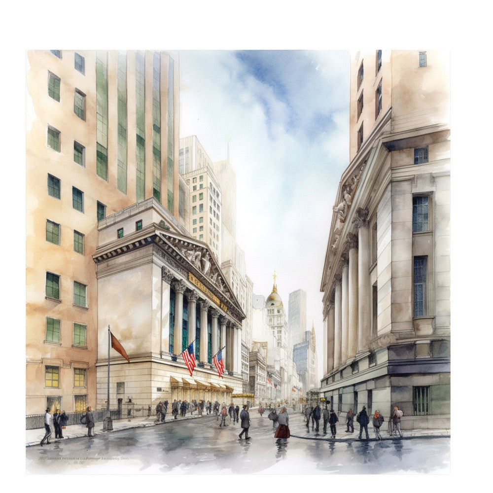 watercolor architecture, new york city, street scene, urban landscape, beige, cream, tan, soft blue, pale yellow, sage green, grey, architectural, cityscape, vintage, elegant, sophisticated, buildings, skyscrapers, classic, nostalgic, manhattan, finance district, wall art, home decor, large scale print, neutral tones, rainy day, wet streets, impressionist style, americana