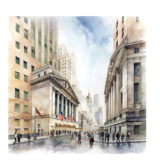 watercolor architecture, new york city, street scene, urban landscape, beige, cream, tan, soft blue, pale yellow, sage green, grey, architectural, cityscape, vintage, elegant, sophisticated, buildings, skyscrapers, classic, nostalgic, manhattan, finance district, wall art, home decor, large scale print, neutral tones, rainy day, wet streets, impressionist style, americana