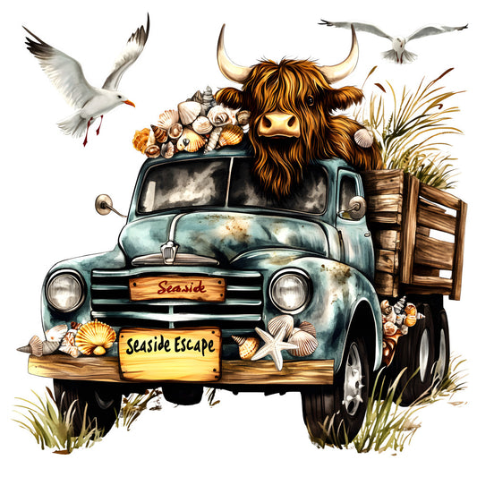 Highland Cows in Vintage Trucks Fabric Panel 10 featuring a rustic blue truck with a highland cow, seashells, and seagulls.