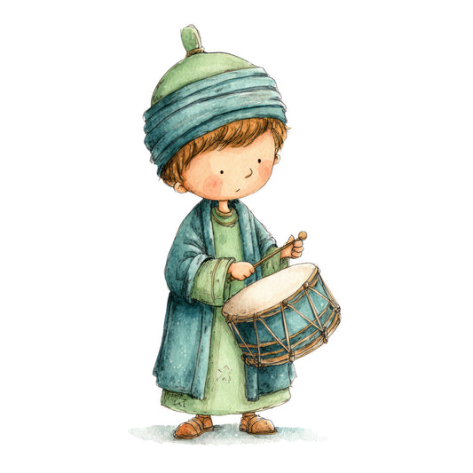 sage green, teal blue, soft blue, cream, rust brown, children's illustration, whimsical, vintage, folk art, boy playing drum, musical instruments, drummer child, storybook, nursery, charming, sweet, adorable, playful, innocent, traditional clothing, cultural dress, heritage, autumn, winter, baby quilt, children's quilt, wall hanging, storybook panel, illustration panel, watercolor style