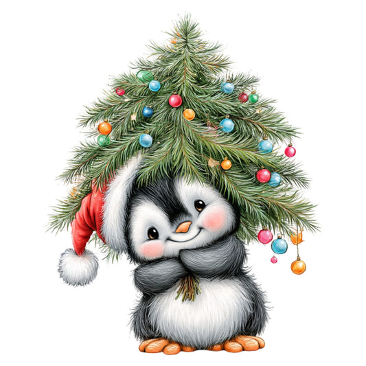 penguin, christmas, holiday, winter, festive, cute animals, whimsical, forest green, red hat, black and white, colorful ornaments, blue ornaments, orange ornaments, pink ornaments, evergreen tree, children's, playful, cheerful, seasonal, december, snow, santa hat, bow tie, smiling animal, panel design, baby quilt, wall hanging, nursery, charming, illustrated