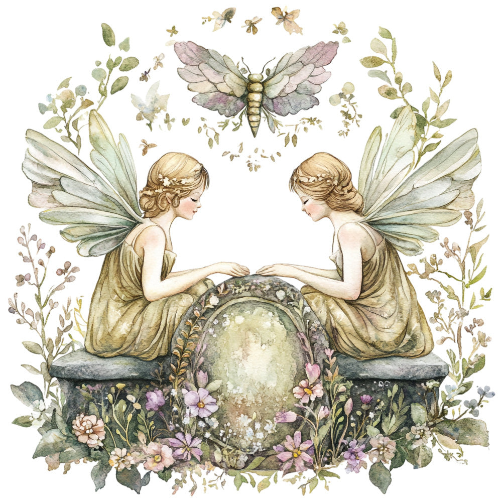 fairy wings, fairies, butterflies, insects, nature, botanical, floral, flowers, pink flowers, purple flowers, cream flowers, sage green, soft green, muted colors, earth tones, vintage style, whimsical, fantasy, magical, garden, spring, summer, elegant, romantic, feminine, storybook, illustration, watercolor, detailed, ornate