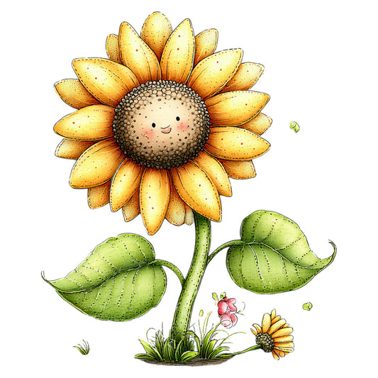 sunflower, golden yellow, sage green, cream, whimsical, floral, nature, botanical, smiling face, anthropomorphic, children's, cute, cheerful, spring, summer, daisy, grass, leaves, friendly, playful, garden, charming, illustration style, storybook, baby quilt, wall hanging, decorative, soft colors, gentle, nurturing