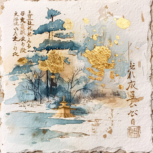 asian landscape, watercolor style, gold leaf accents, pagoda temple, winter scene, bare trees, snow covered, teal blue, sage green, cream beige, japanese calligraphy, rice paper texture, fabric panel, quilting cotton, serene atmosphere, mountain scenery, architectural elements, brushstroke painting, muted pastels, oriental design