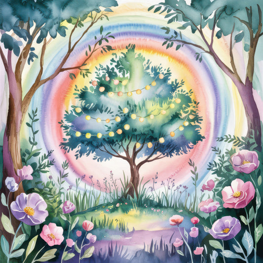 watercolor style, rainbow colors, enchanted forest, fairy lights, blooming flowers, purple blooms, pink florals, magical tree, woodland scene, pastel rainbow, whimsical design, nature motif, fabric panel, quilting cotton, dreamy atmosphere, forest clearing, string lights, botanical elements, soft pastels, mystical landscape