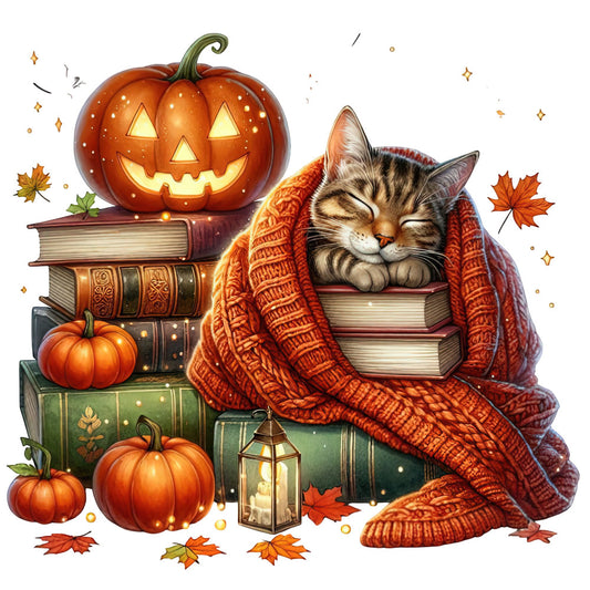 autumn, fall, halloween, pumpkin, jack-o-lantern, cat, tabby cat, cozy, knit sweater, books, reading, vintage books, antique books, pumpkins, fall leaves, maple leaves, warm colors, burnt orange, rust orange, forest green, cream, cozy aesthetic, whimsical, festive, seasonal, lantern, candlelight, magical, literary, bookish