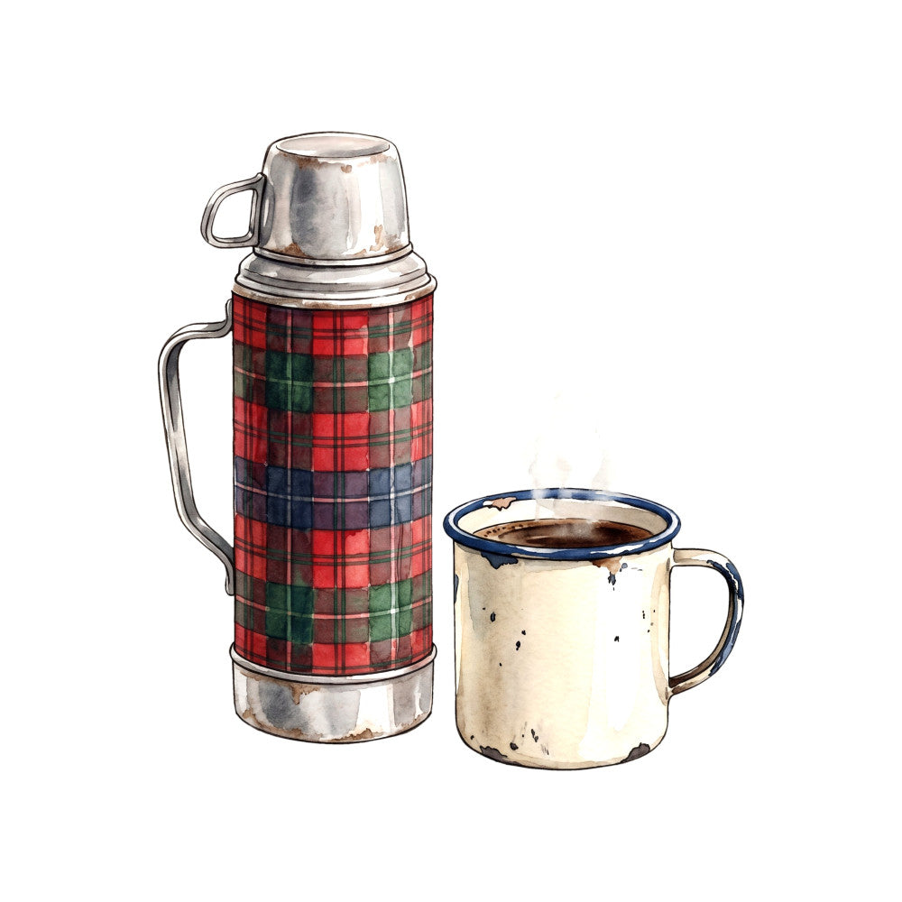 plaid, red, green, navy blue, tartan, vintage, camping, outdoors, rustic, farmhouse, thermos, coffee, enamelware, checked pattern, traditional, retro, cabin, lodge, wilderness, nature, coffee theme, red plaid, green plaid, blue plaid, countryside, classic, heritage, nostalgic, hot beverage