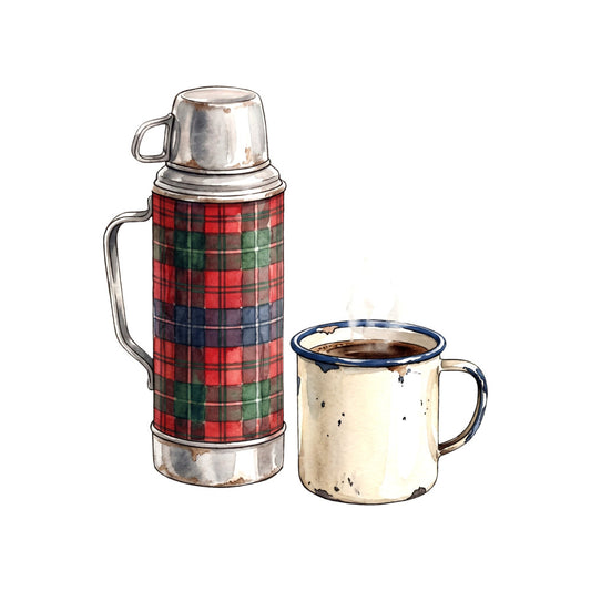 plaid, red, green, navy blue, tartan, vintage, camping, outdoors, rustic, farmhouse, thermos, coffee, enamelware, checked pattern, traditional, retro, cabin, lodge, wilderness, nature, coffee theme, red plaid, green plaid, blue plaid, countryside, classic, heritage, nostalgic, hot beverage