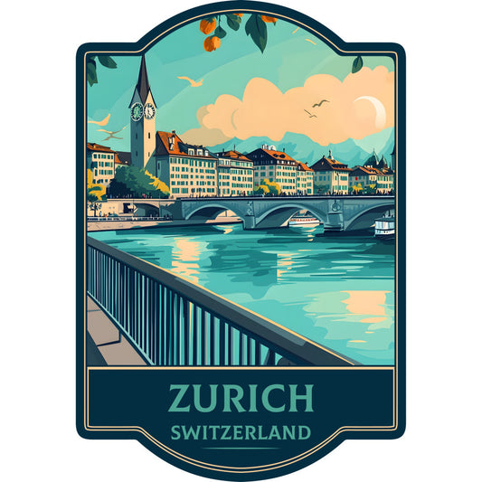 zurich, switzerland, travel, vintage travel poster, architectural, cityscape, clock tower, river, bridges, turquoise blue, teal, cream, golden yellow, navy blue, orange, scenic, vintage style, retro, elegant, cultural, european, landscape, buildings, water reflection, clouds, mountains, boats, wanderlust, destination, postcard