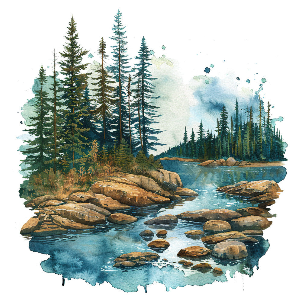 forest green, teal blue, navy blue, cream, tan, brown, watercolor landscape, nature scene, mountain forest, river, trees, rocks, scenic, rustic, outdoor, wilderness, woodland, peaceful, tranquil, landscape art, watercolor style, coniferous trees, pine trees, flowing water, natural beauty, autumn, camping, hiking, lodge style, cabin decor
