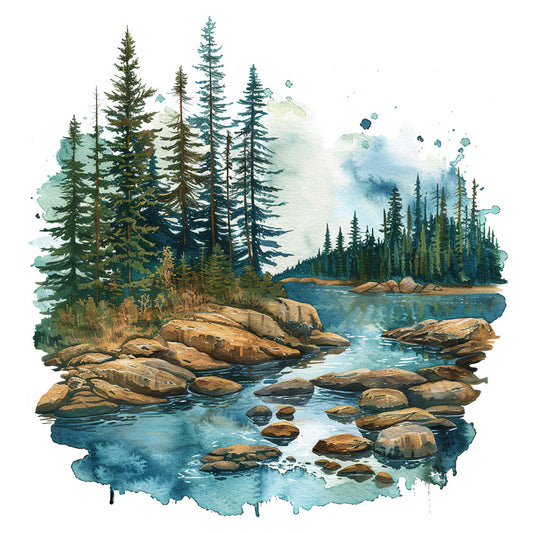 forest green, teal blue, navy blue, cream, tan, brown, watercolor landscape, nature scene, mountain forest, river, trees, rocks, scenic, rustic, outdoor, wilderness, woodland, peaceful, tranquil, landscape art, watercolor style, coniferous trees, pine trees, flowing water, natural beauty, autumn, camping, hiking, lodge style, cabin decor