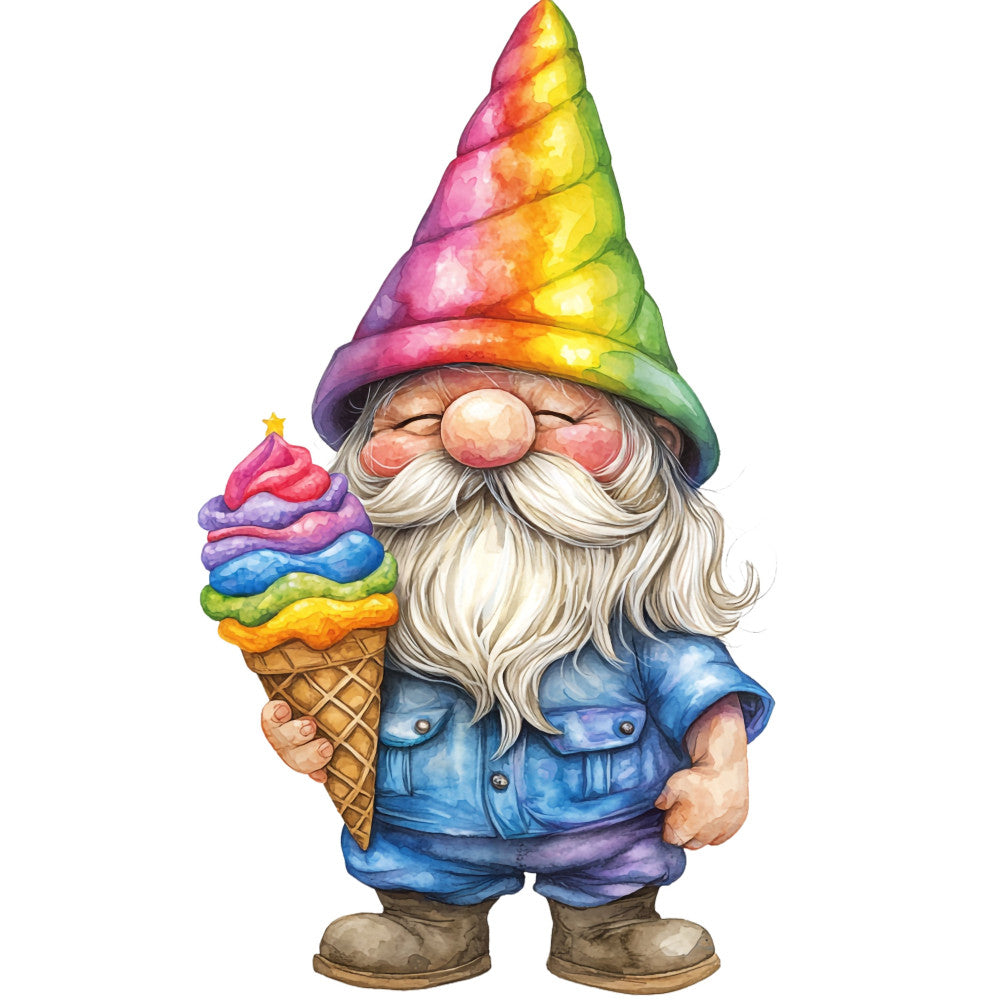 rainbow, whimsical, gnome, ice cream cone, colorful, multi-color, bright, cheerful, fantasy, magical, children's, kids, playful, summer, novelty, character panel, garden gnome, pastel rainbow, yellow, pink, blue, green, purple, orange, illustrated, storybook, whimsy, fun, juvenile, decorative