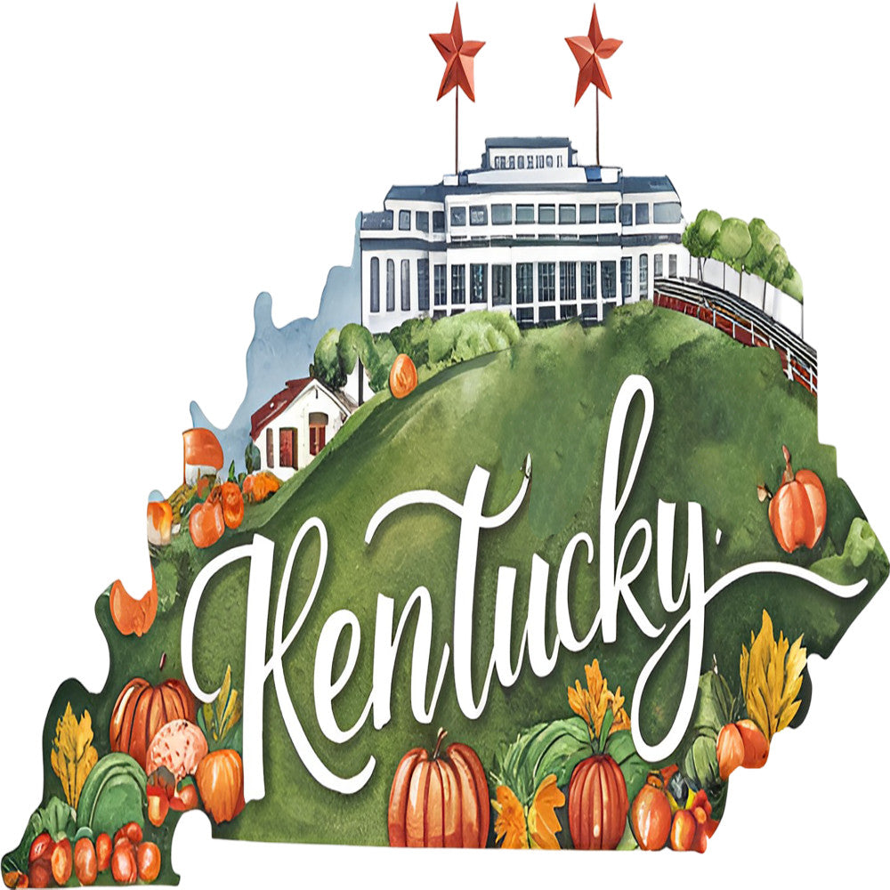 Classic US States Fabric Panel 16 featuring a colorful Kentucky design with pumpkins, landmarks, and autumn scenery on premium quilting cotton.